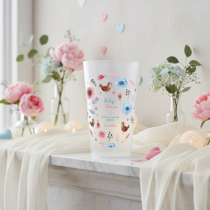 Gobelet personnalisé Baby Shower Fleurs Roses et Bleues - Image 2