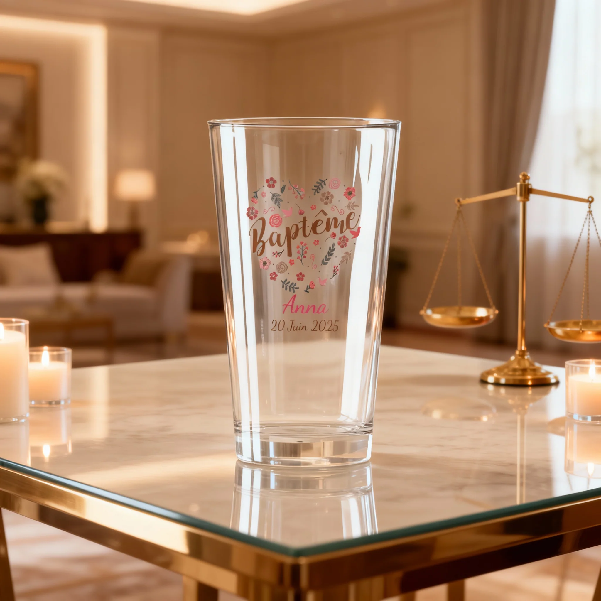 Verre à bière personnalisé Pinte en verre - Baptême Fleuri - Image 2