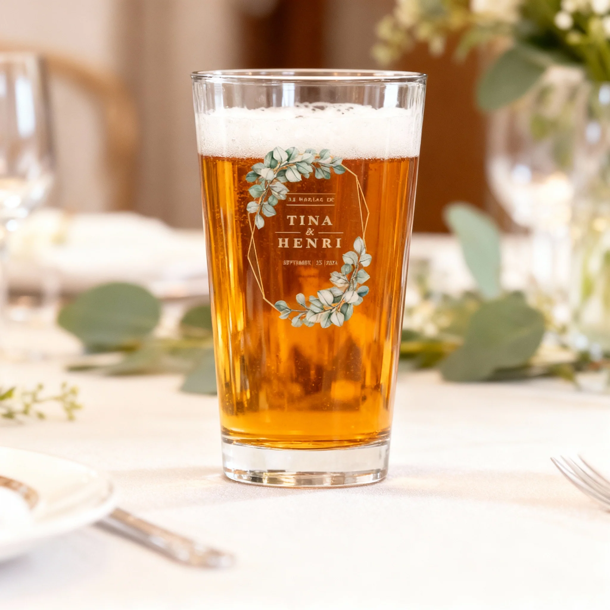 Verre à bière personnalisé Pinte en verre - Mariage Vert & Doré - Image 2