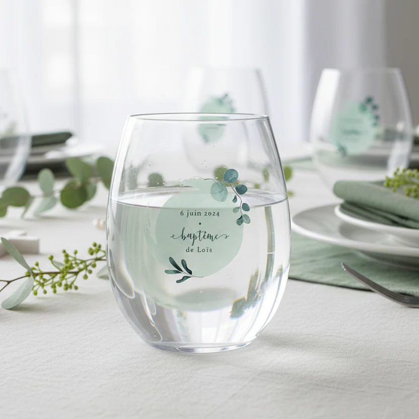 Verre à eau personnalisé incassable - Baptême Bleu & Feuilles - Image 2