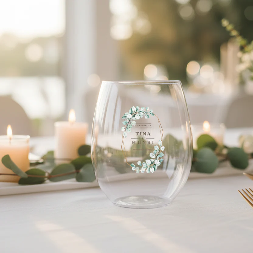 Verre à eau personnalisé incassable - Mariage Vert & Doré - Image 2