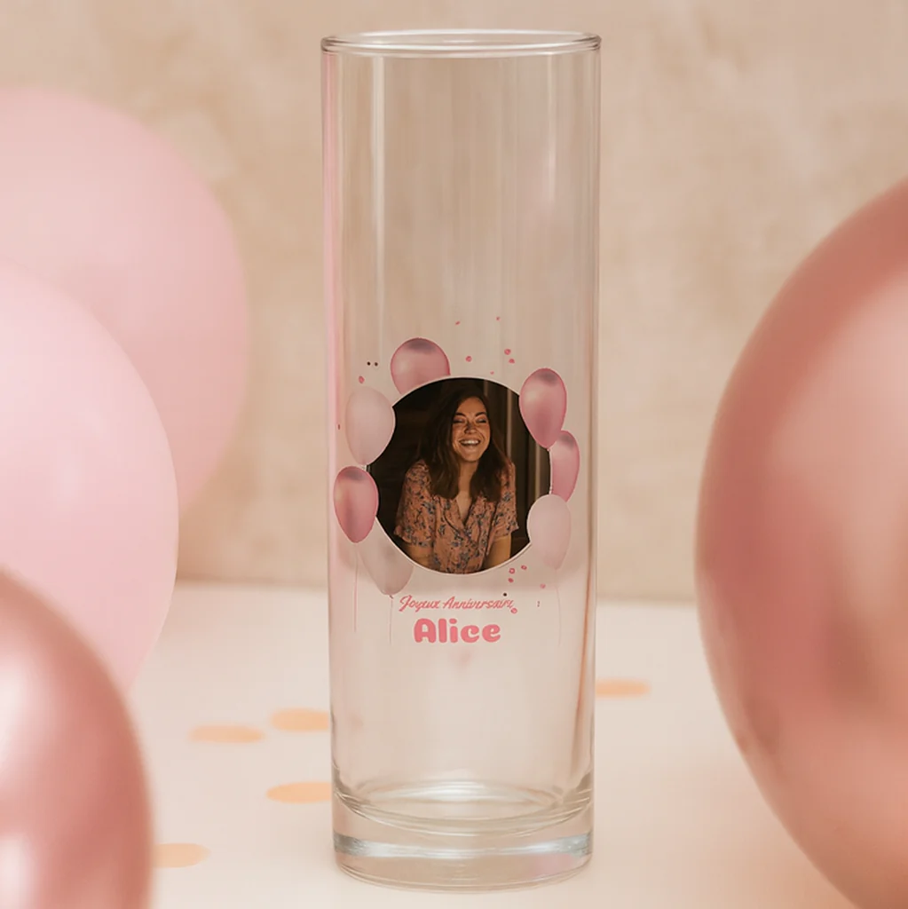 Verre à tube personnalisé - Anniversaire Photo & Ballons Roses - Image 2