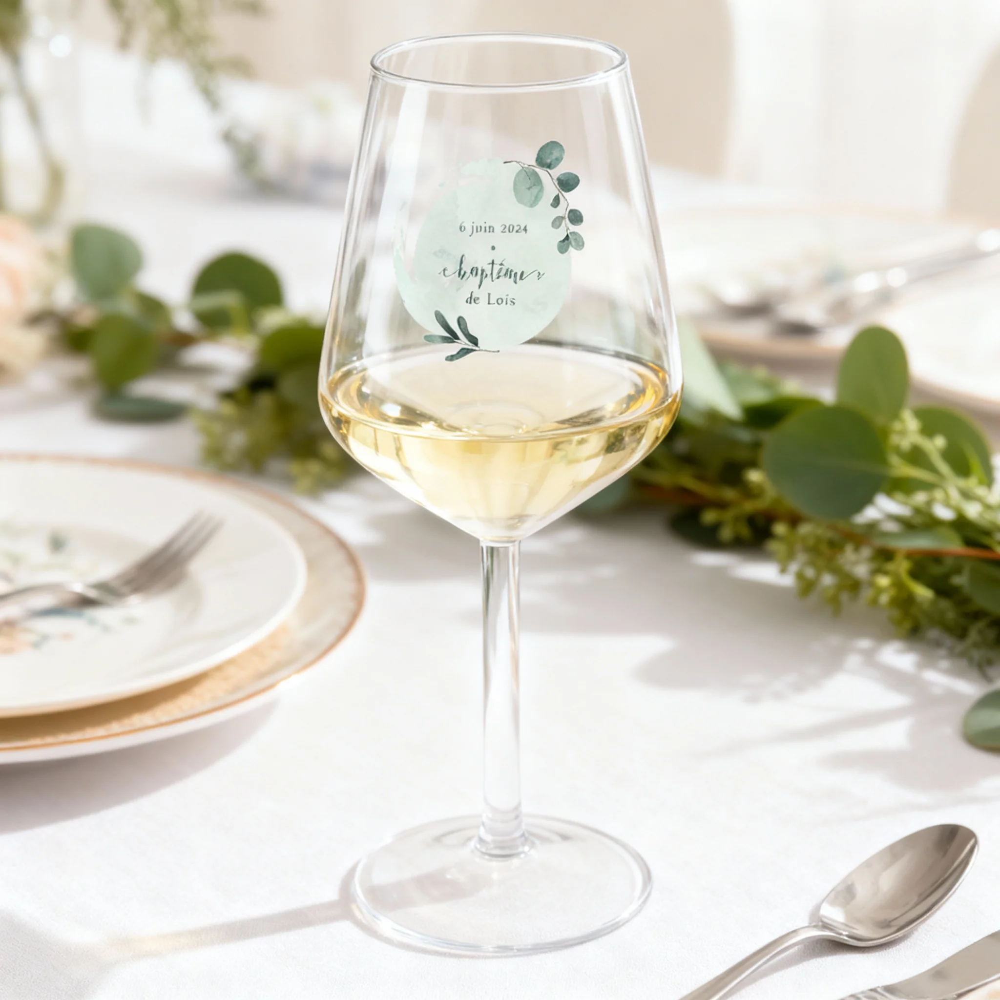 Verre à vin cabernet en verre personnalisé - Baptême Bleu & Feuilles - Image 2