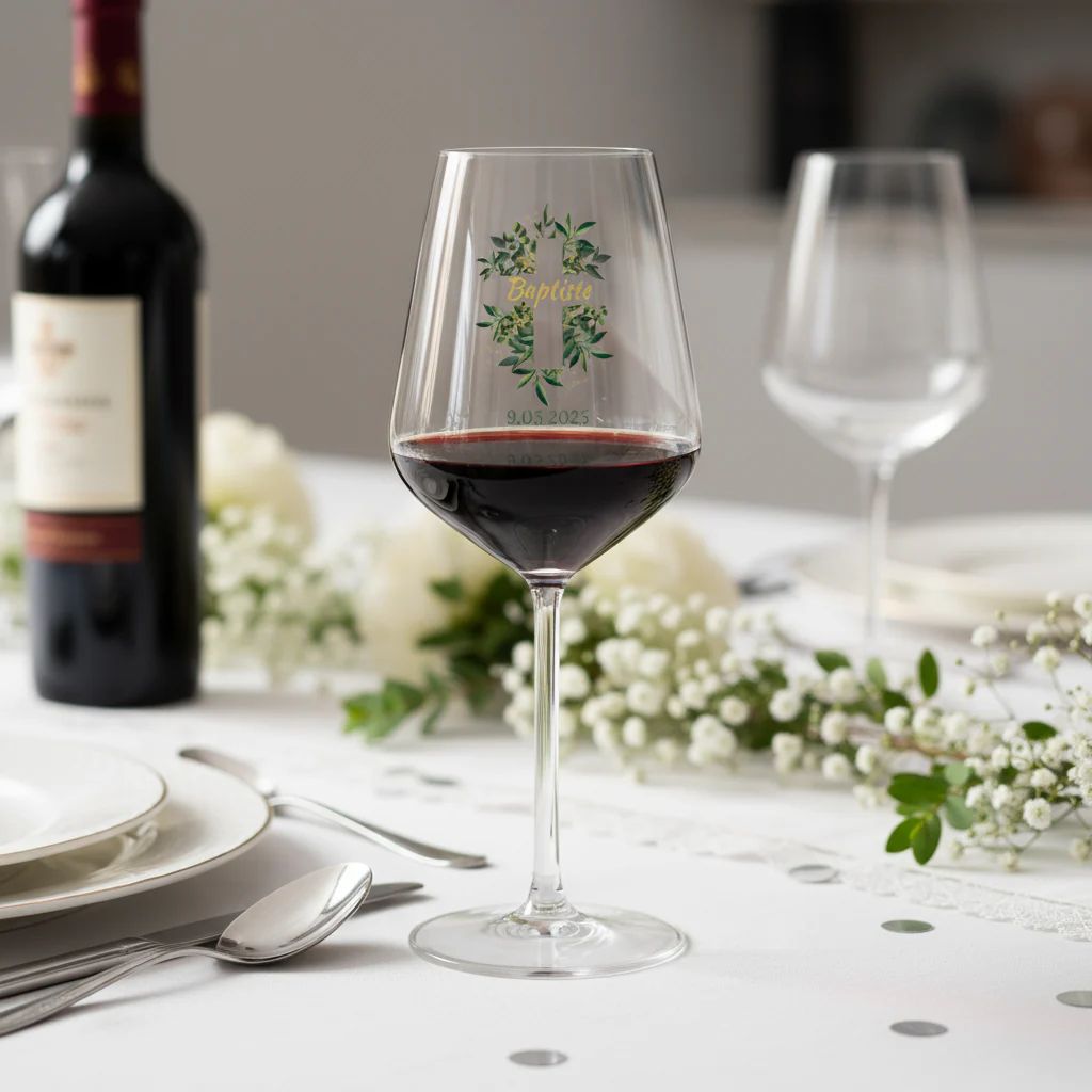 Verre à vin cabernet en verre personnalisé - Baptême Croix & Feuilles - Image 2