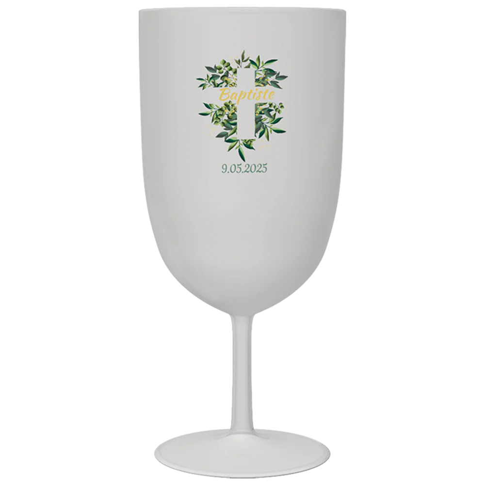 Verre à vin personnalisé en plastique - Baptême Croix & Feuilles