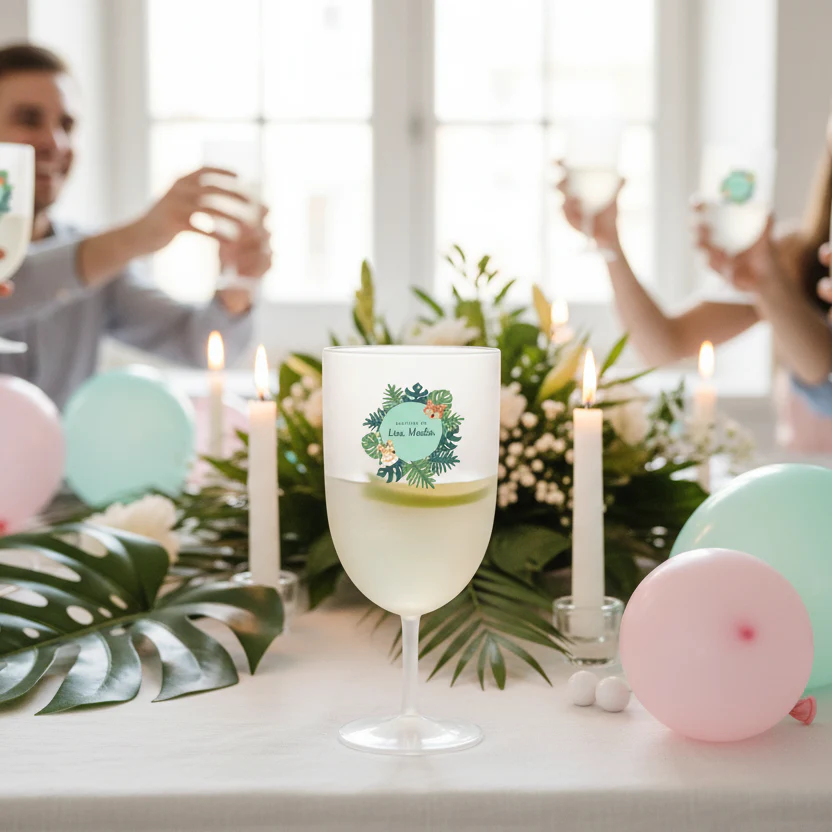 Verre à vin personnalisé en plastique - Baptême Tropical - Image 2