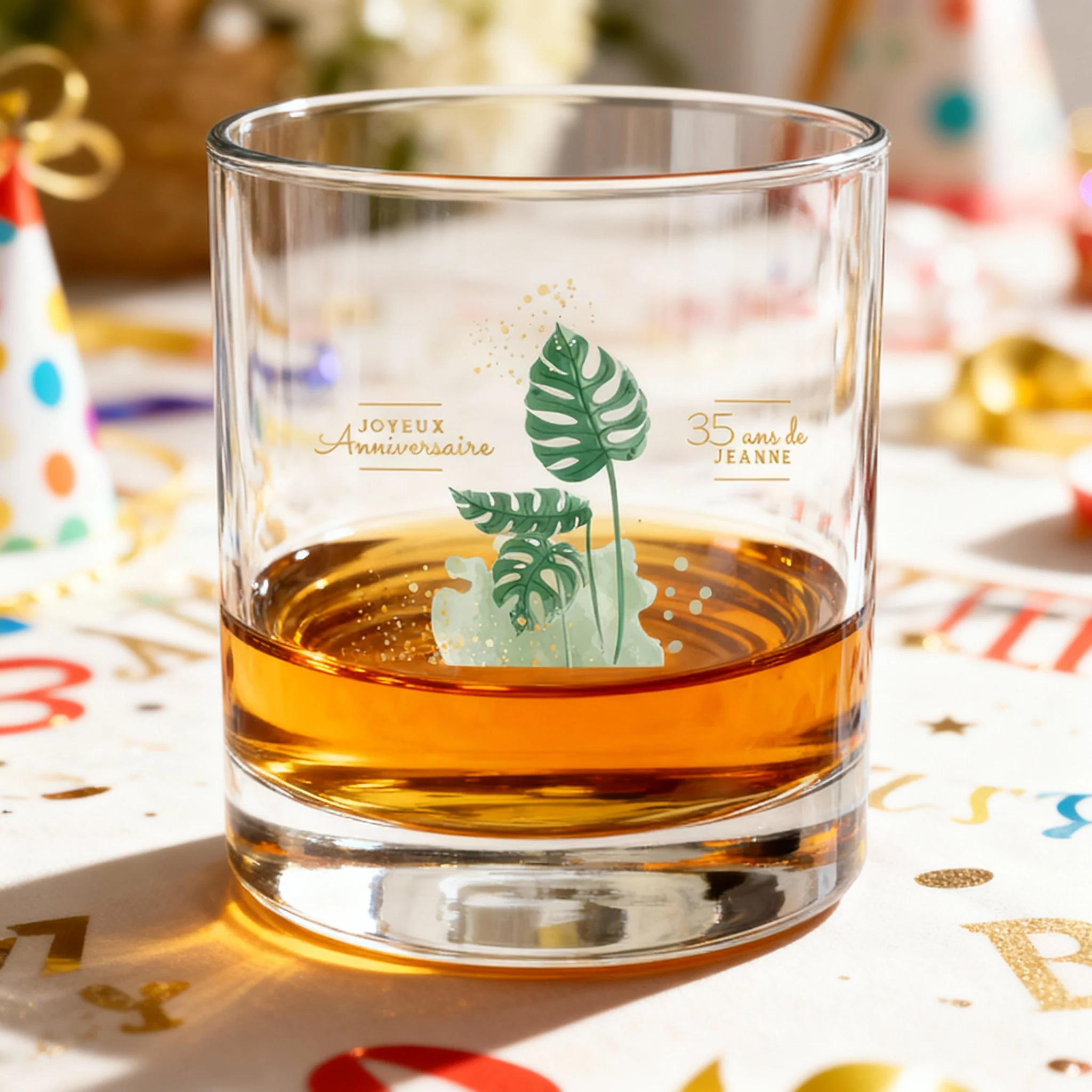 Verre à whisky personnalisé en verre - Anniversaire Monstera - Image 2