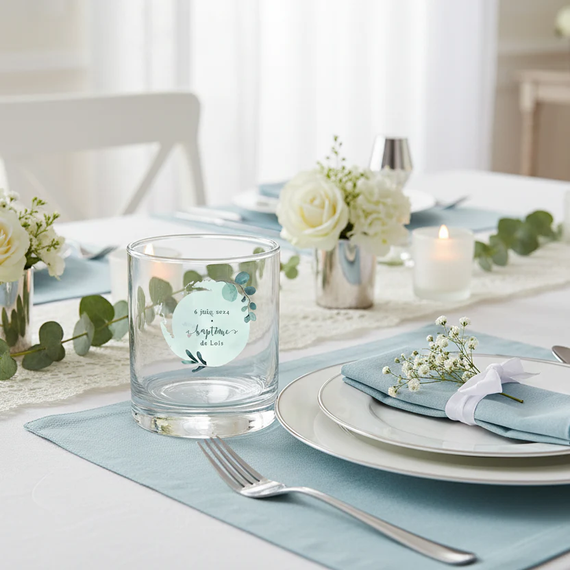 Verre à whisky personnalisé en verre - Baptême Bleu & Feuilles - Image 2