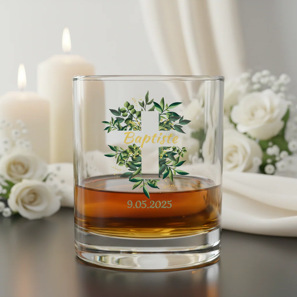 Verre à whisky personnalisé en verre - Baptême Croix & Feuilles - Image 2
