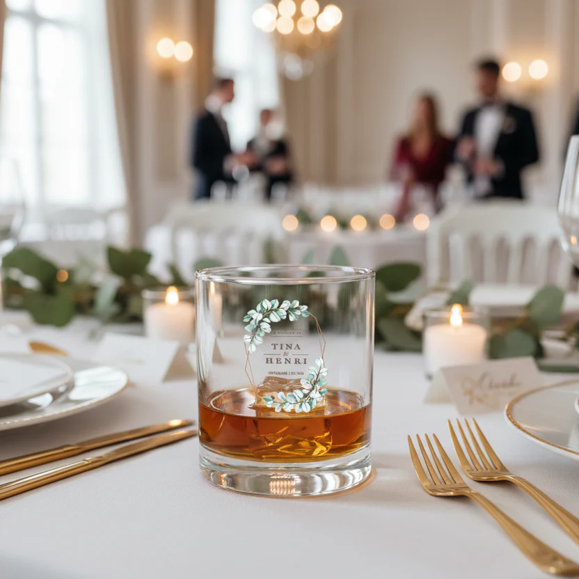 Verre à whisky personnalisé en verre - Mariage Vert & Doré - Image 2